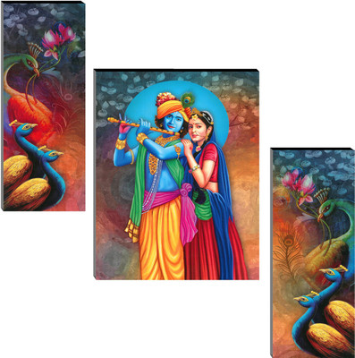 Indianara Set of 3 Radha Krishna With Peacock MDF Art Painting (3761FL) without glass (4.5 X 12, 9 X 12, 4.5 X 12 INCH) Digital Reprint 12 inch x 18 inch Painting(With Frame, Pack of 3)