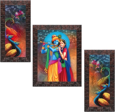 Indianara Set of 3 Radha Krishna With Peacock Framed Art Painting (3761GBNN) without glass (6 X 13, 10.2 X 13, 6 X 13 INCH) Digital Reprint 13 inch x 10.2 inch Painting(With Frame, Pack of 3)