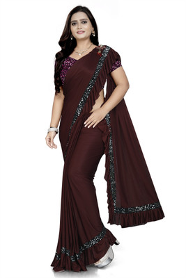 sonalfab Solid/Plain Bollywood Lycra Blend Saree(Brown)