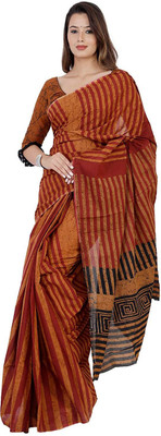 Pinkcity Trade World Striped Bollywood Pure Cotton Saree(Brown)