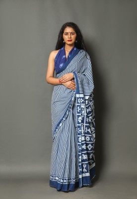 NIKHILAM Printed Daily Wear Pure Cotton Saree(Blue, White)