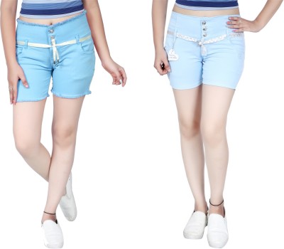 Kundan Short For Girls Casual Solid Denim(Multicolor, Pack of 2)