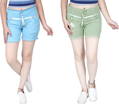 Kundan Short For Girls Casual Solid Denim(Multicolor, Pack of 2)