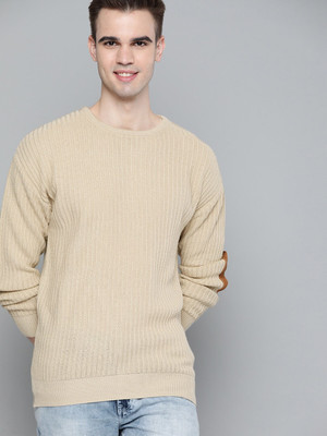 Mast & Harbour Solid Round Neck Casual Men Beige Sweater