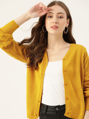 Dressberry Self Design V Neck Casual Women Yellow Sweater