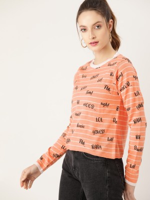 Dressberry Printed Round Neck Casual Women Orange Sweater