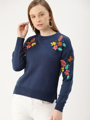 Dressberry Embroidered Round Neck Casual Women Blue Sweater
