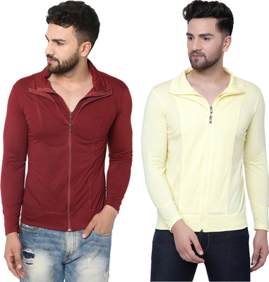 Jaskart Solid Men Polo Neck Maroon, Yellow T-Shirt