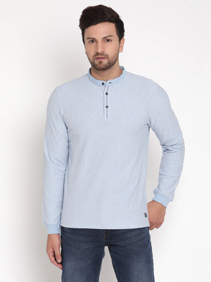 METTLE Solid Men Mandarin Collar Light Blue T-Shirt