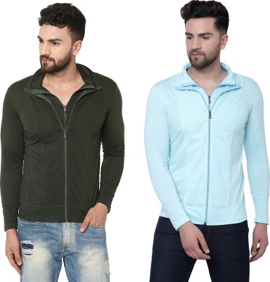 Adorbs Solid Men High Neck Dark Green, Light Blue T-Shirt