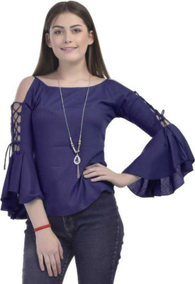 ZIBHI Casual Solid Women Dark Blue Top