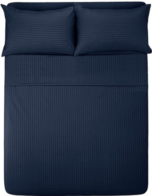 DD Enterprises Cotton Queen Fitted (Elastic) 210 TC Striped Bedsheet(Pack of 1, Navy Blue)