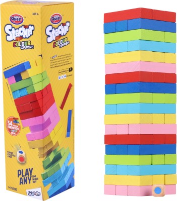 SKOODLE Quest Stackrr Colour Crash Tumbling Tower Game with 54 Precision Wooden Blocks of Premium Beachwood for Adults and Kids, 1 or More Players(Multicolor)