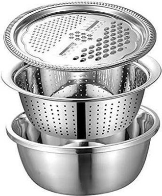 dreamexpo 3 in 1 Kitchen Multipurpose Kitchen Stainless Steel Bowl, Drain Basket, Julienne Graters for Vegetable Cutter,Vegetable/Fruit Grater Kitchen Mesh Strainers Strainer Strainer(Silver Pack of 3)