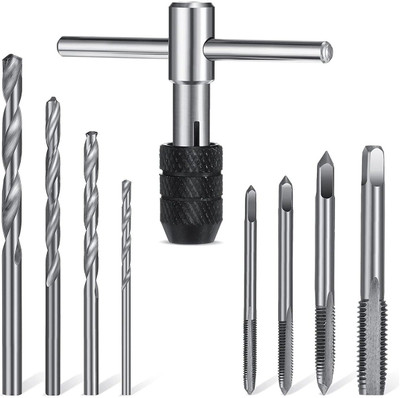 uptodateprouducts 9 Pieces Adjustable T-tap Wrench Set Adjustable T-Handle Ratchet Tap Holder Wrench Machine Screw Thread Metric Plug Tap with M4-M8 Taps and Drill Bits 9 Pcs Adjustable Wrench, Machine Thread Taps Set