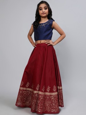 AKS Kids Girls Lehenga Choli Ethnic Wear Self Design Ghagra Choli(Maroon, Pack of 2)