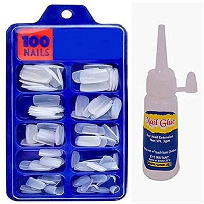 glowician Artificial Nails Set With Glue Set Of 100 Pcs Nail Glue 3gm, Reusable WHITE(Pack of 100)