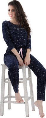 DZZO Women Printed Blue Top & Pyjama Set