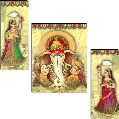 Indianara Set of 3 Lord Ganesha MDF Art Painting (3766FL) without glass (4.5 X 12, 9 X 12, 4.5 X 12 INCH) Digital Reprint 12 inch x 18 inch Painting(With Frame, Pack of 3)