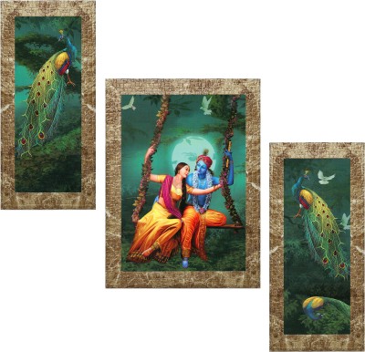 Indianara Set of 3 Radha Krishna With Peacock Framed Art Painting (3771MBR) without glass (6 X 13, 10.2 X 13, 6 X 13 INCH) Digital Reprint 13 inch x 10.2 inch Painting(With Frame, Pack of 3)