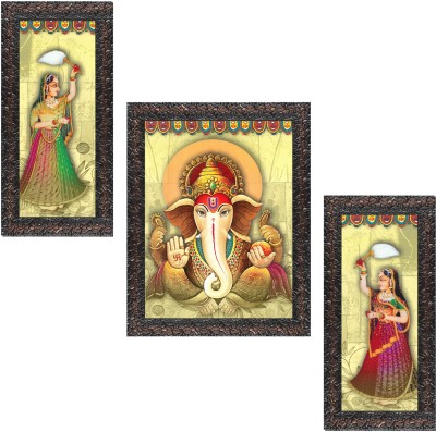 Indianara Set of 3 Lord Ganesha Framed Art Painting (3766GBN) without glass (6 X 13, 10.2 X 13, 6 X 13 INCH) Digital Reprint 13 inch x 10.2 inch Painting(With Frame, Pack of 3)