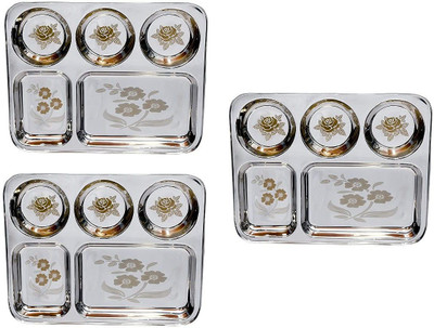 Sager Stainless Steel Lunch/Dinner Plate/Bhojan Thali 5 in 1 Compartments with Mirror Finish, Floral Laser Design in All compartments Dinner Plate(Pack of 3)