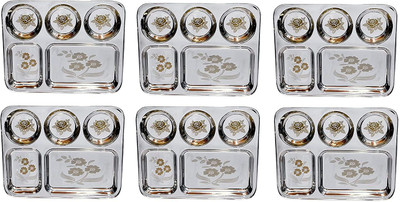 Sager Stainless Steel Lunch/Dinner Plate/Bhojan Thali 5 in 1 Compartments with Mirror Finish, Floral Laser Design in All compartments Dinner Plate(Pack of 6)