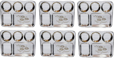Sager Lunch/Dinner Plate/Bhojan Thali 5 in 1 Compartments with Beautiful Floral Laser Design Dinner Plate(Pack of 6)
