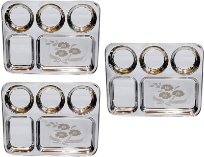 Sager Lunch/Dinner Plate/Bhojan Thali 5 in 1 Compartments with Beautiful Floral Laser Design Dinner Plate(Pack of 3)