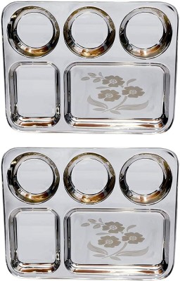 Sager Lunch/Dinner Plate/Bhojan Thali 5 in 1 Compartments with Beautiful Floral Laser Design Dinner Plate(Pack of 2)