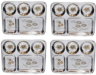 Sager Stainless Steel Lunch/Dinner Plate/Bhojan Thali 5 in 1 Compartments with Mirror Finish, Floral Laser Design in All compartments Dinner Plate(Pack of 4)