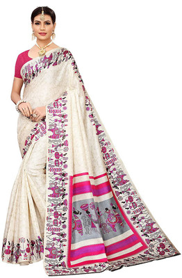 Priyashi Printed Mysore Art Silk Saree(White, Pink)