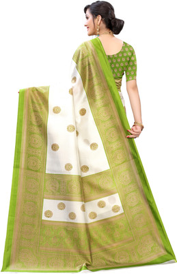 Fabwomen Printed Mysore Art Silk Saree(Green, White)