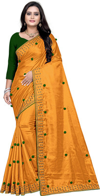 VRINDITA FASHION Embroidered Bollywood Silk Blend Saree(Yellow)