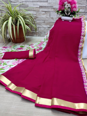 Dhandai Fashion Printed, Self Design, Embellished, Floral Print Bollywood Georgette Saree(Pink)