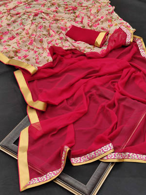 Dhandai Fashion Printed, Self Design, Embellished, Floral Print Bollywood Georgette Saree(Pink)