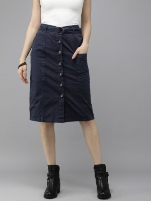 Roadster Solid Women Straight Dark Blue Skirt