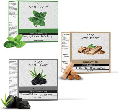 Sage Apothecary Organic Handmade Bath Soap Set of Mint | Charcoal | Sandalwood | Nourishment | Hydration | Glowing Skin | Made with Natural Ingredients - Pack of 3(3 x 100 g)