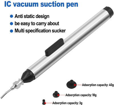uptodatetools Vacuum Sucking Pen Suction Remover Sucker Pump IC SMD Tweezers Pick Up Tool Soldering Tool Desoldering with 3 Suction Headers 0 W Simple(Round Tip)