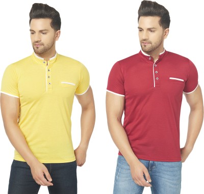 Unite Wear Solid Men Mandarin Collar Maroon, Yellow T-Shirt