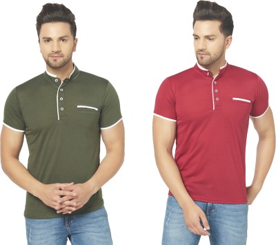 Jangoboy Solid Men Henley Neck Dark Green, Maroon T-Shirt