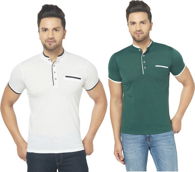 Jaskart Solid Men Henley Neck White, Green T-Shirt