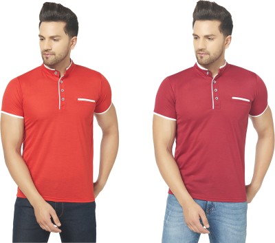 Unite Wear Solid Men Mandarin Collar Red, Maroon T-Shirt