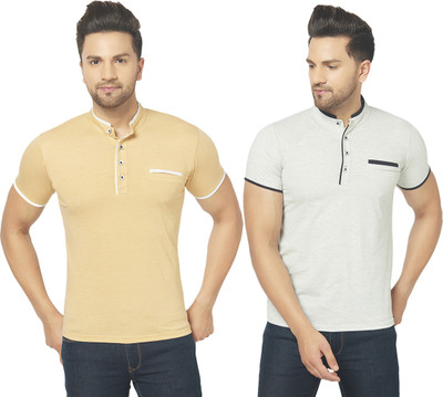 Jangoboy Solid Men Henley Neck Beige, Grey T-Shirt