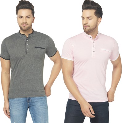 Unite Wear Solid Men Mandarin Collar Pink, Grey T-Shirt