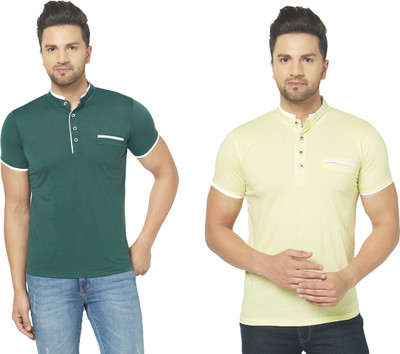 Adorbs Solid Men Mandarin Collar Green, Yellow T-Shirt