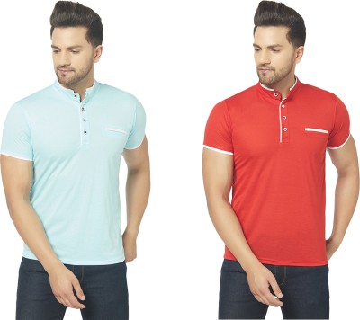 Unite Wear Solid Men Mandarin Collar Light Blue, Red T-Shirt