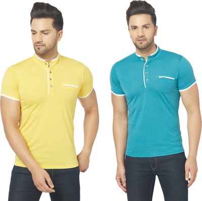 Unite Wear Solid Men Mandarin Collar Blue, Yellow T-Shirt