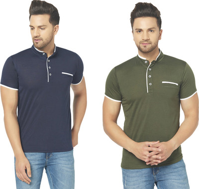 Jaskart Solid Men Henley Neck Green, Blue T-Shirt