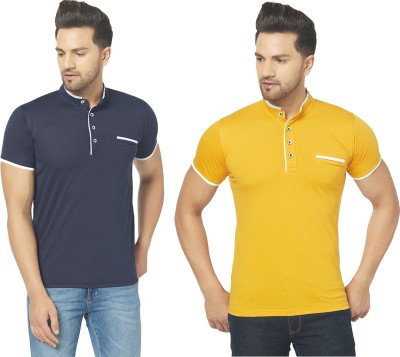 Jaskart Solid Men Henley Neck Blue, Yellow T-Shirt